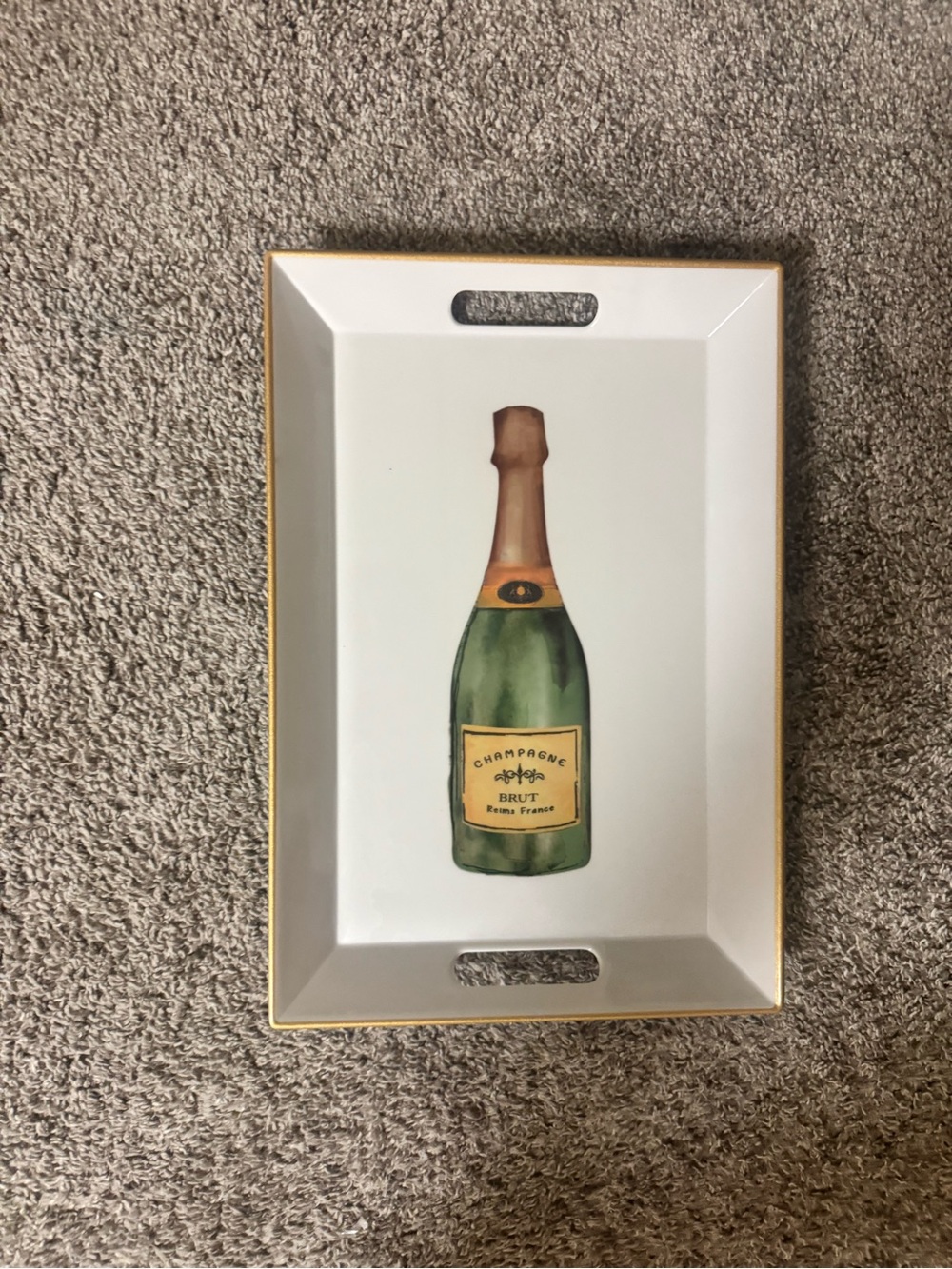 Michaels White Tray with Champagne Bottle Illustration and Gold Trim 15.75x10.75